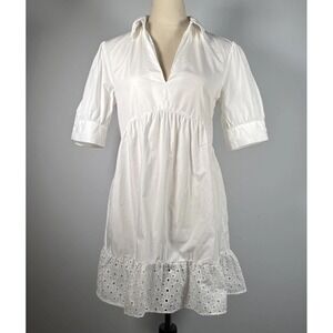 ZARA White‎ Cotton Eyelet Babydoll Dress M Puff Sleeve Resort Vacation Escape